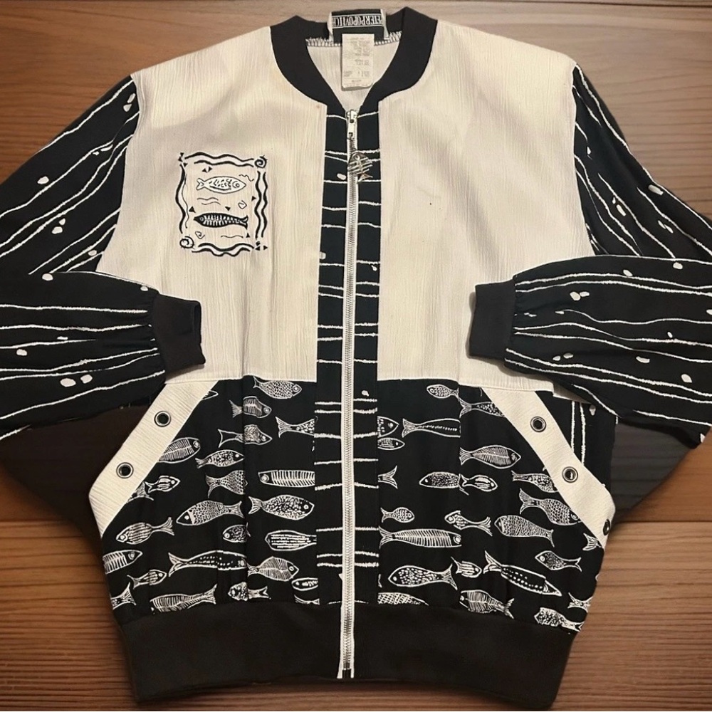 Vintage Peter Popovitch full zip Top Blouse Fish Print with Shoulder Pads